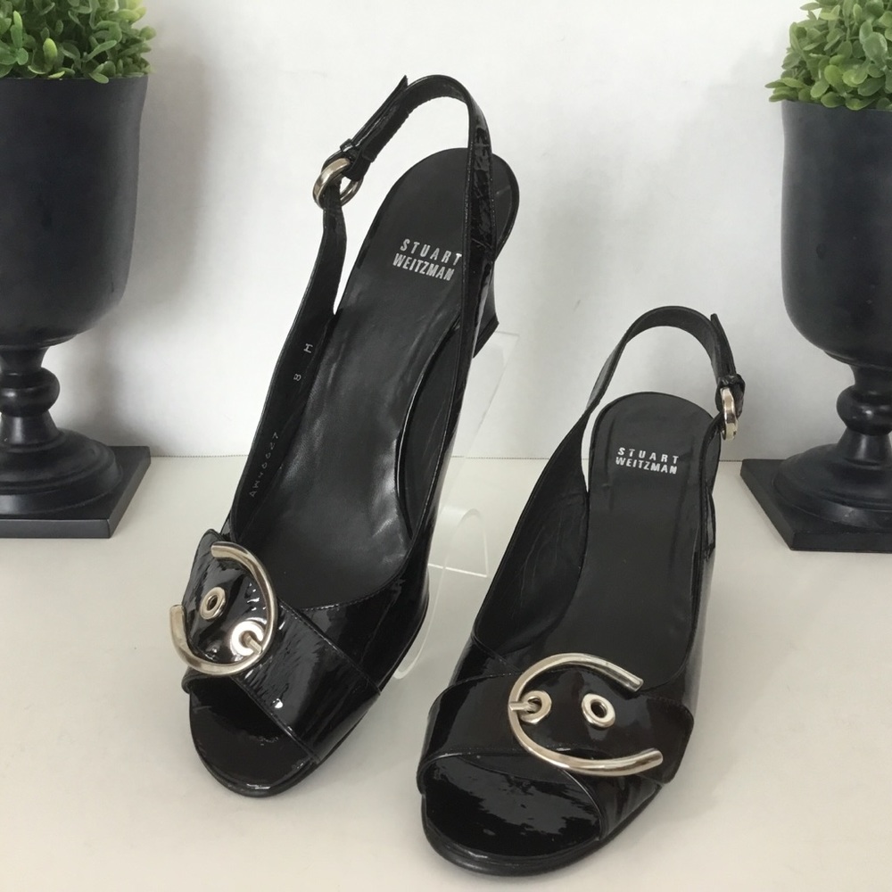 Stuart Weitzman Black Patent Peep Toe Wedges, 8M